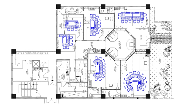 定制圓形+橢圓形+拱形+長(zhǎng)方形，共6個(gè)包間，上海鐵板燒餐廳CAD平面布局圖